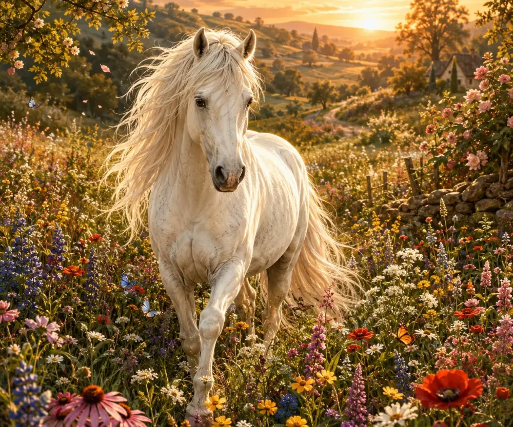 White horse standing in a meadow filled with colorful wildflowers and tall grass.