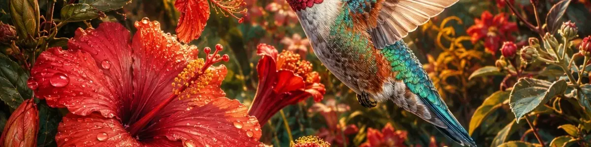 Colorful hummingbird hovering beside red flowers among dense green leaves.